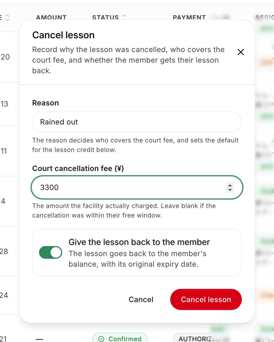 The cancel booking dialog, with the reason and the court cancellation fee.