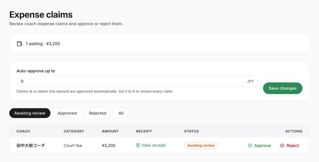 The office expense claims screen, with coach travel claims waiting for approval or rejection.