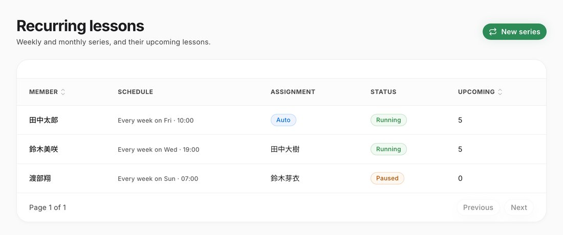 The office "Recurring lessons" screen, listing weekly lesson series.