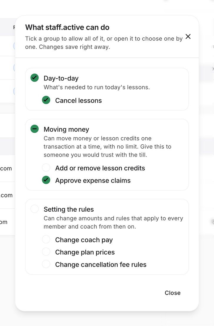 A staff member's permissions dialog, with checkboxes grouped by kind of action.
