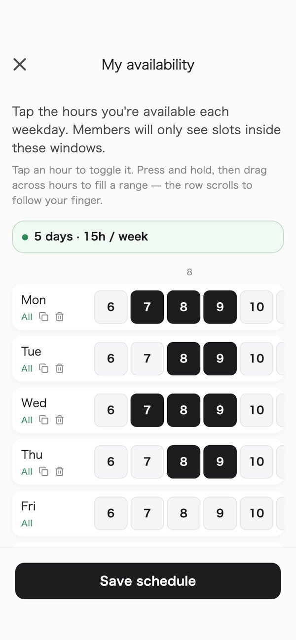The screen for choosing your free hours for each day of the week.