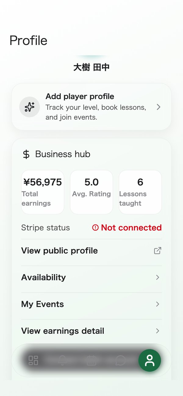 The business hub screen, with earnings figures, the Stripe connection status and a Connect bank account button.