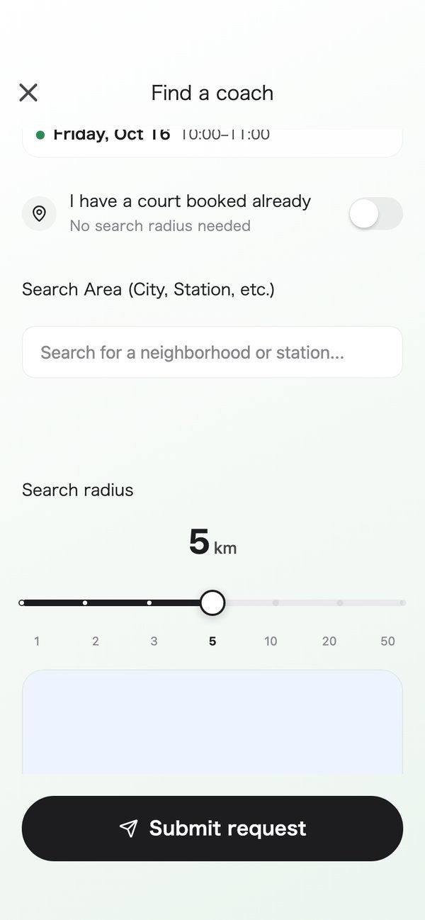 The screen for sending a lesson request, with fields for day, time and place.